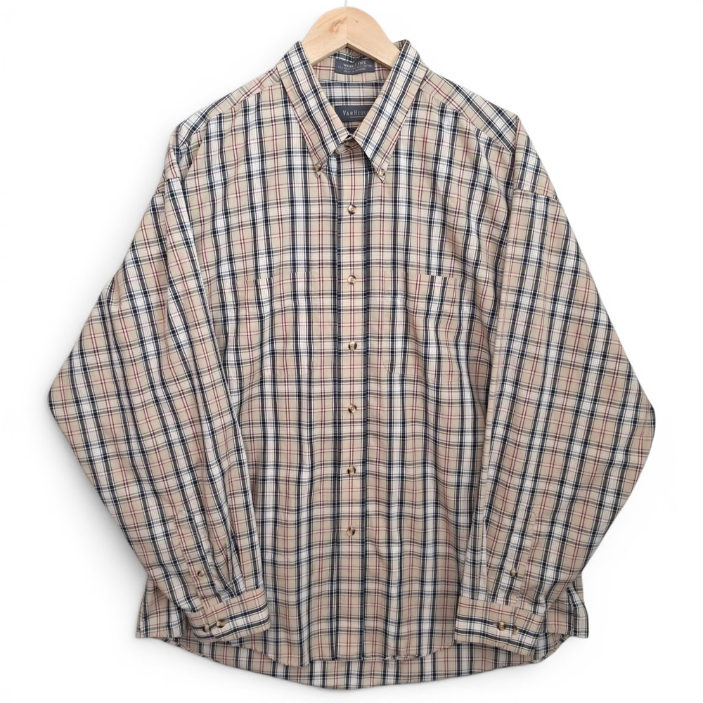 Van Heusen Shirt Mens XL 17-17.5 Beige Plaid Button Down Wrinkle Free Casual